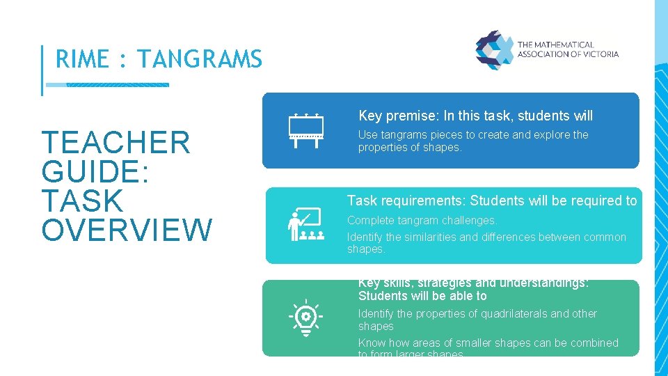 RIME : TANGRAMS Key premise: In this task, students will TEACHER GUIDE: TASK OVERVIEW