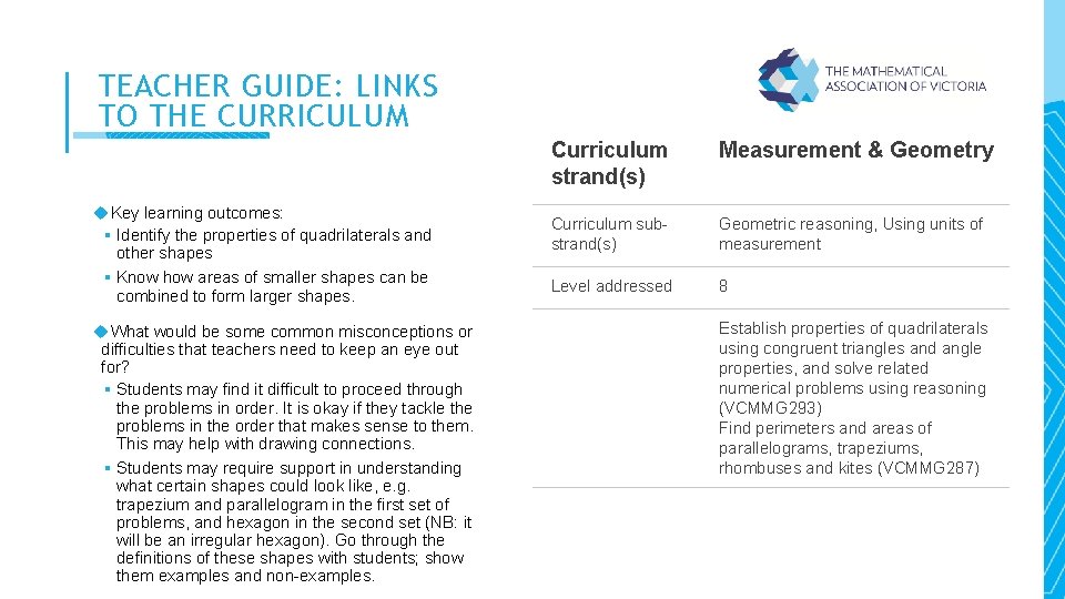 TEACHER GUIDE: LINKS TO THE CURRICULUM Key learning outcomes: § Identify the properties of