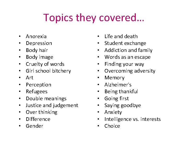 Topics they covered… • • • • Anorexia Depression Body hair Body image Cruelty