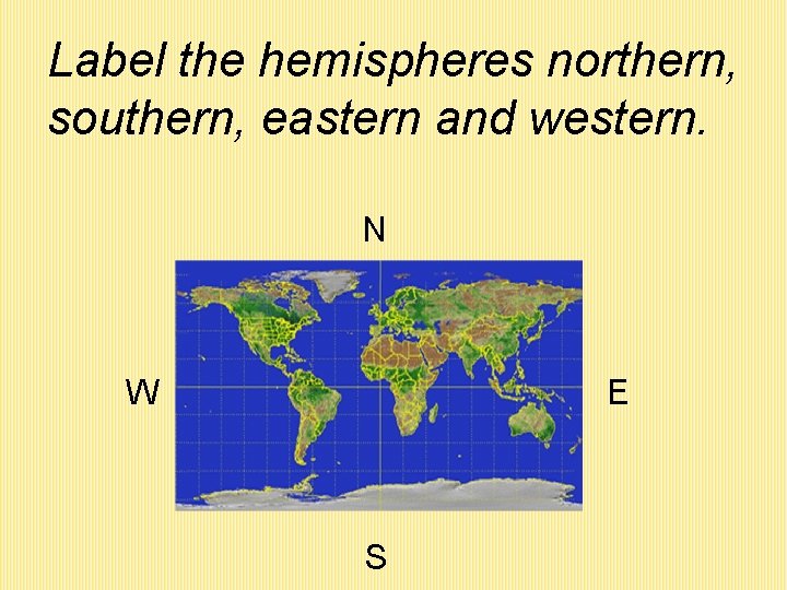 Label the hemispheres northern, southern, eastern and western. N W E S 