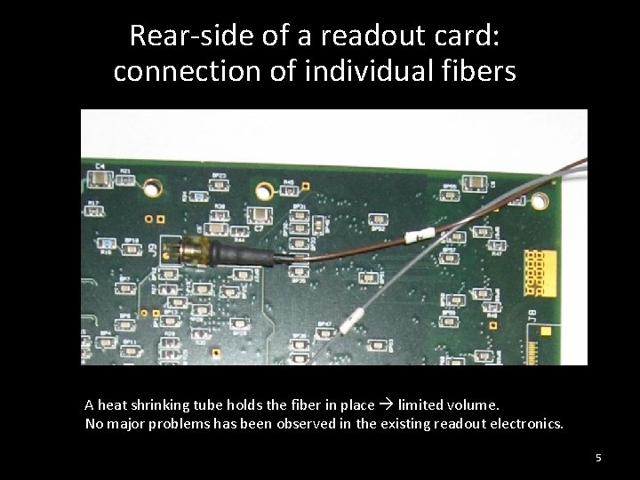 Rear-side of a readout card: connection of individual fibers A heat shrinking tube holds