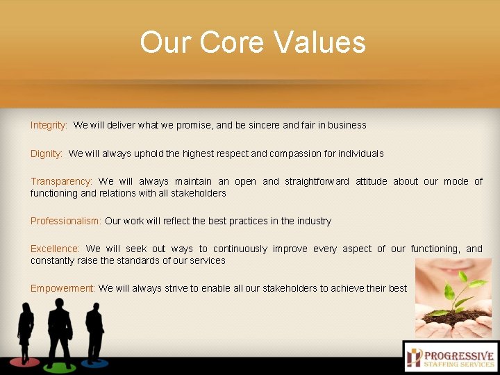 Our Core Values Integrity: We will deliver what we promise, and be sincere and