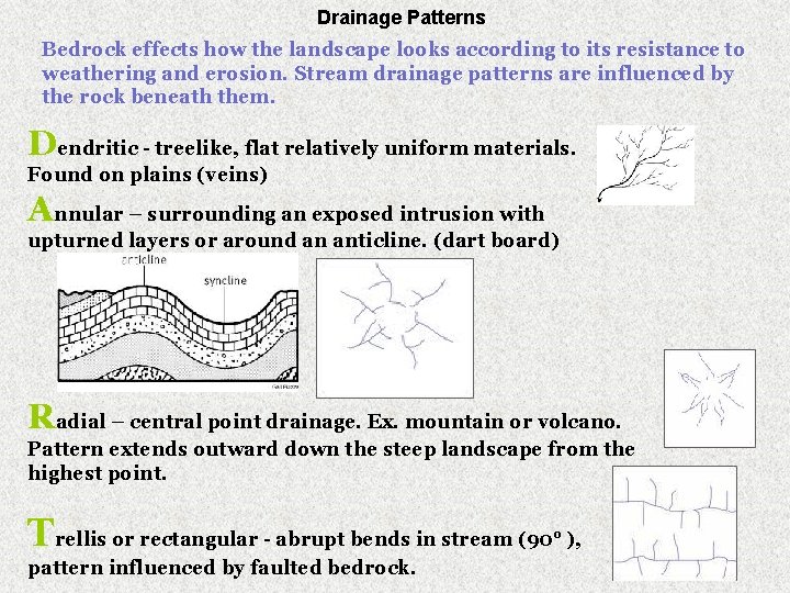 Drainage Patterns Bedrock effects how the landscape looks according to its resistance to weathering