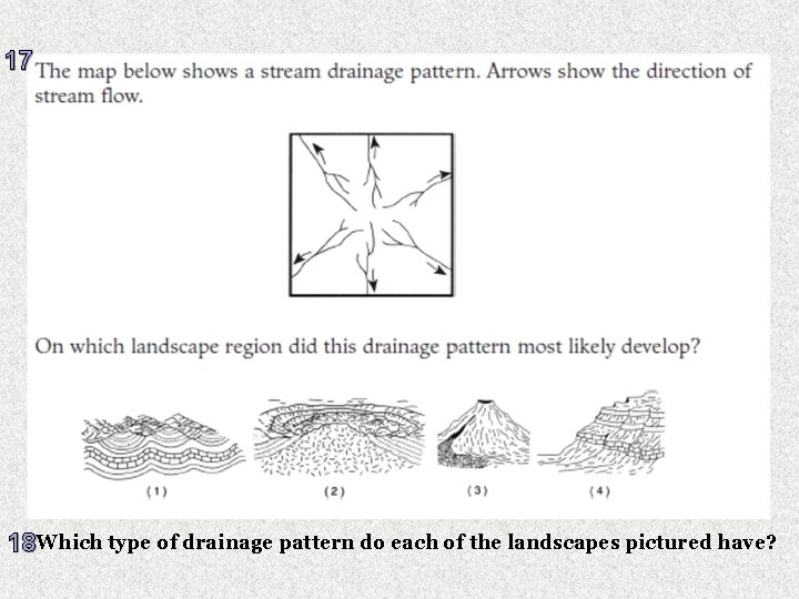 17 18 Which type of drainage pattern do each of the landscapes pictured have?