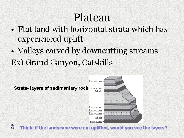 Plateau • Flat land with horizontal strata which has experienced uplift • Valleys carved