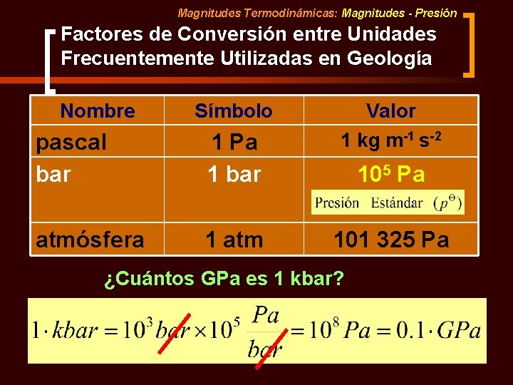 Magnitudes Termodinámicas: Magnitudes - Presión Factores de Conversión entre Unidades Frecuentemente Utilizadas en Geología