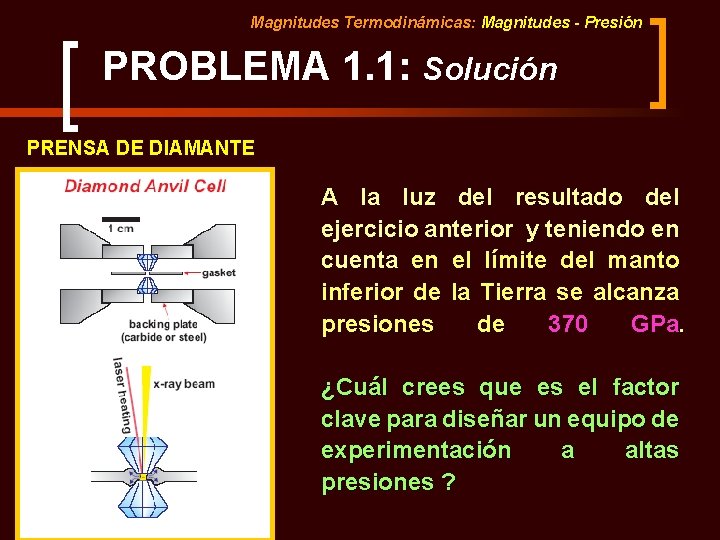 Magnitudes Termodinámicas: Magnitudes - Presión PROBLEMA 1. 1: Solución PRENSA DE DIAMANTE A la