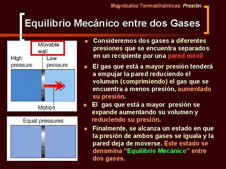 Magnitudes Termodinámicas: Presión Equilibrio Mecánico entre dos Gases n Consideremos dos gases a diferentes Magnitudes Termodinámicas: Presión Equilibrio Mecánico entre dos Gases n Consideremos dos gases a diferentes