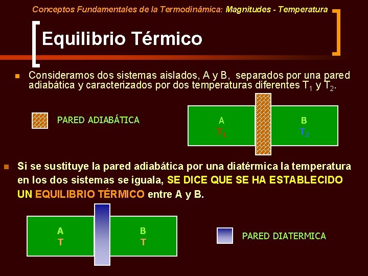 Conceptos Fundamentales de la Termodinámica: Magnitudes - Temperatura Equilibrio Térmico n Consideramos dos sistemas