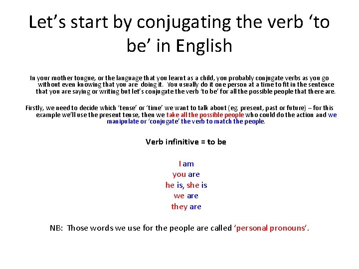 Let’s start by conjugating the verb ‘to be’ in English In your mother tongue,