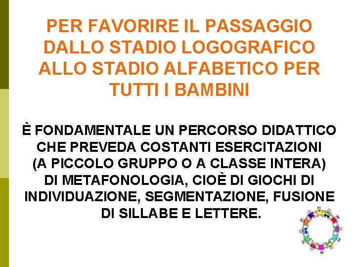 PER FAVORIRE IL PASSAGGIO DALLO STADIO LOGOGRAFICO ALLO STADIO ALFABETICO PER TUTTI I BAMBINI