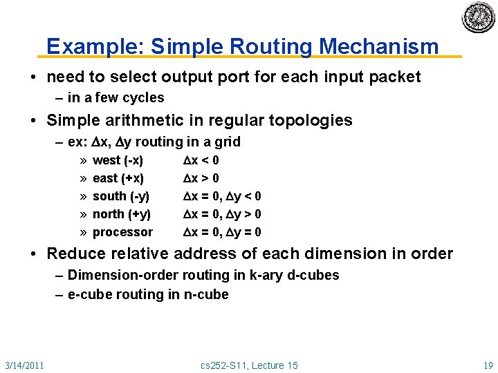 Example: Simple Routing Mechanism • need to select output port for each input packet