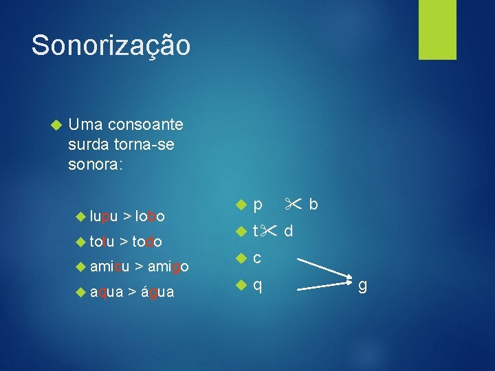 Sonorização Uma consoante surda torna-se sonora: lupu > lobo totu > todo amicu aqua