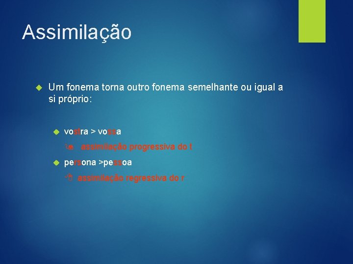 Assimilação Um fonema torna outro fonema semelhante ou igual a si próprio: vostra >