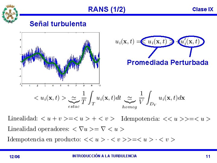 RANS (1/2) Clase IX Señal turbulenta Promediada Perturbada 12/06 INTRODUCCIÓN A LA TURBULENCIA 11