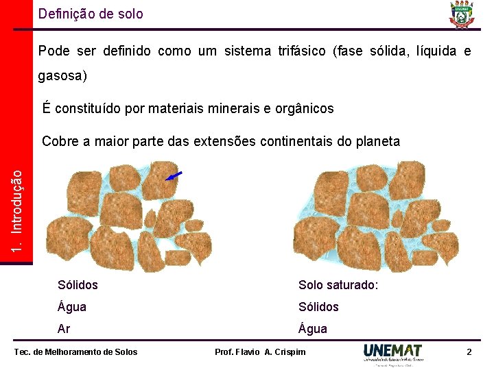 Definição de solo Pode ser definido como um sistema trifásico (fase sólida, líquida e