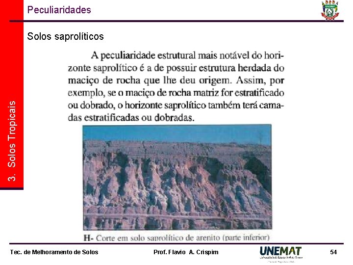Peculiaridades 3. Solos Tropicais Solos saprolíticos Tec. de Melhoramento de Solos Prof. Flavio A. Peculiaridades 3. Solos Tropicais Solos saprolíticos Tec. de Melhoramento de Solos Prof. Flavio A.