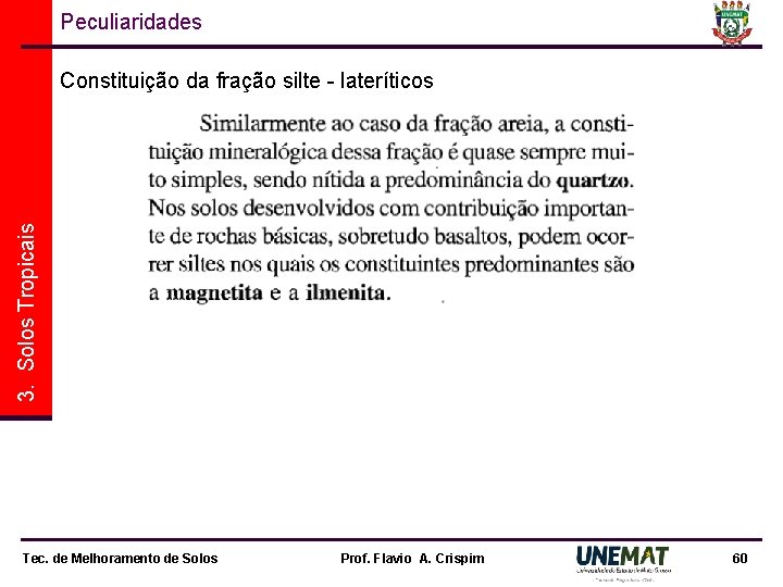 Peculiaridades 3. Solos Tropicais Constituição da fração silte - lateríticos Tec. de Melhoramento de