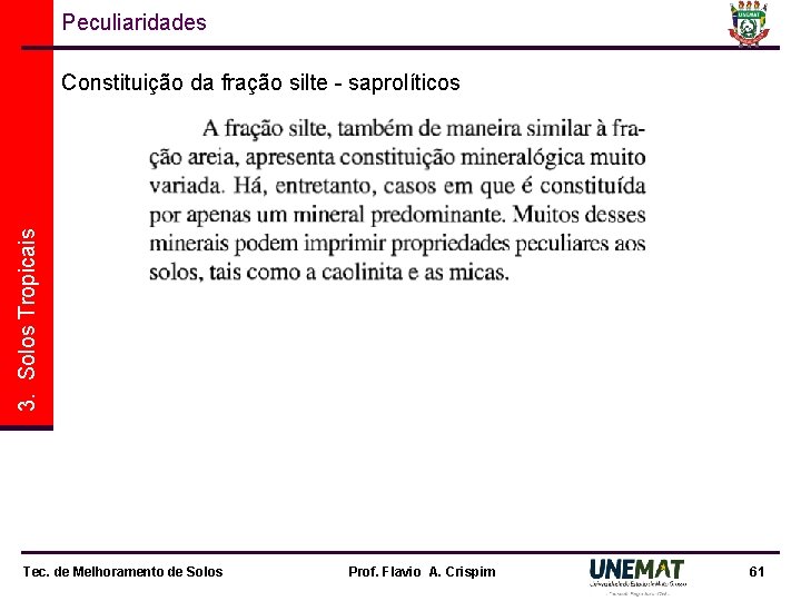 Peculiaridades 3. Solos Tropicais Constituição da fração silte - saprolíticos Tec. de Melhoramento de