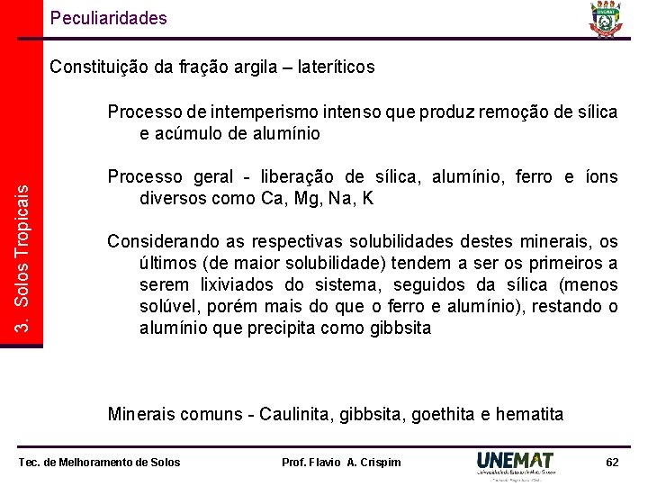 Peculiaridades Constituição da fração argila – lateríticos 3. Solos Tropicais Processo de intemperismo intenso