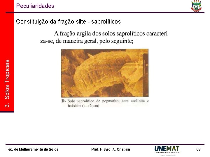 Peculiaridades 3. Solos Tropicais Constituição da fração silte - saprolíticos Tec. de Melhoramento de