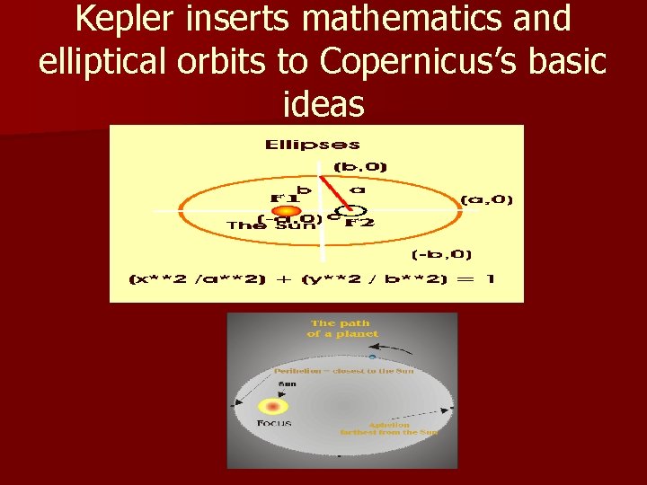  Kepler inserts mathematics and elliptical orbits to Copernicus’s basic ideas 