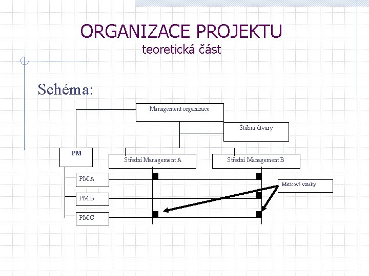 ORGANIZACE PROJEKTU teoretická část Schéma: Management organizace Štábní útvary PM PM A PM B