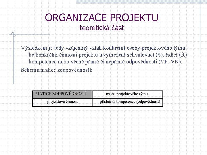 ORGANIZACE PROJEKTU teoretická část Výsledkem je tedy vzájemný vztah konkrétní osoby projektového týmu ke