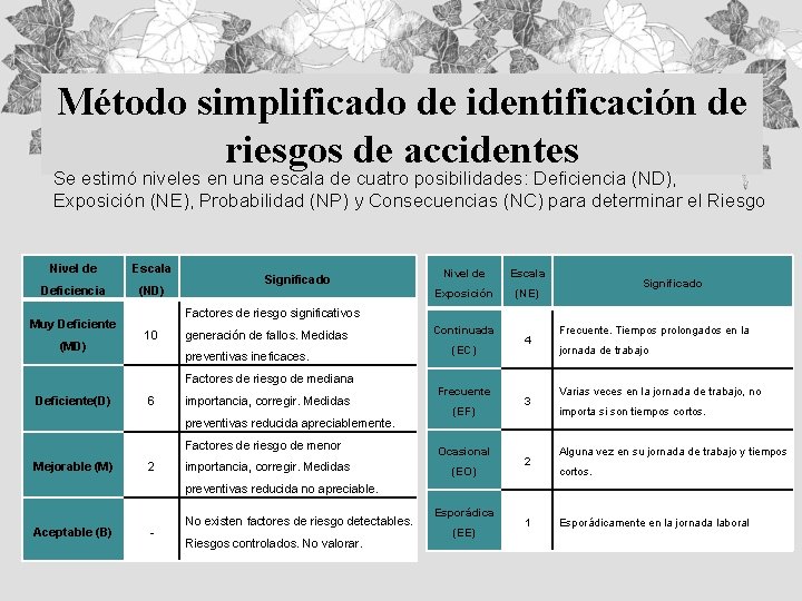 Método simplificado de identificación de riesgos de accidentes Se estimó niveles en una escala