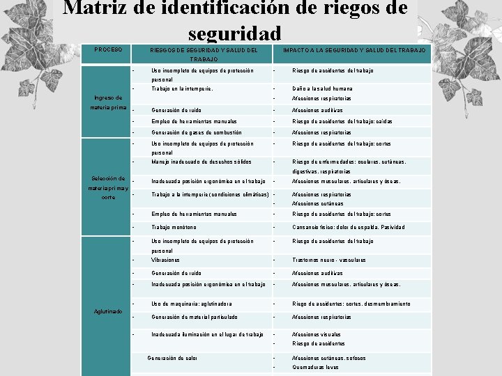 Matriz de identificación de riegos de seguridad PROCESO RIESGOS DE SEGURIDAD Y SALUD DEL