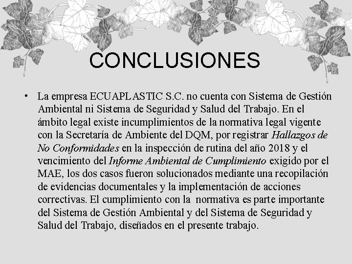CONCLUSIONES • La empresa ECUAPLASTIC S. C. no cuenta con Sistema de Gestión Ambiental