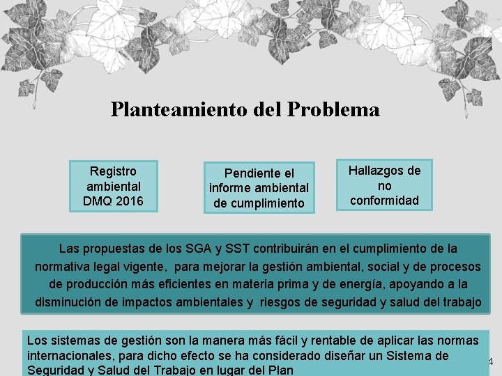 Planteamiento del Problema Registro ambiental DMQ 2016 Pendiente el informe ambiental de cumplimiento Hallazgos