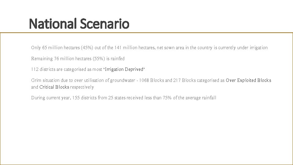 National Scenario Only 65 million hectares (45%) out of the 141 million hectares, net