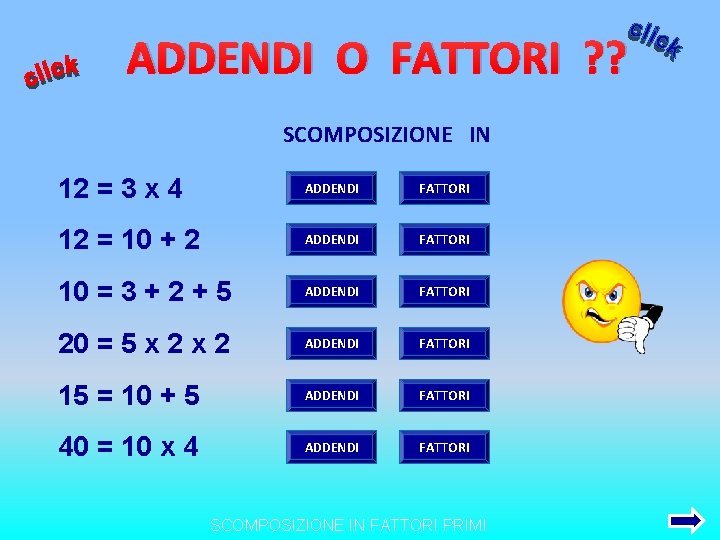 ADDENDI O FATTORI ? ? SCOMPOSIZIONE IN 12 = 3 x 4 ADDENDI FATTORI