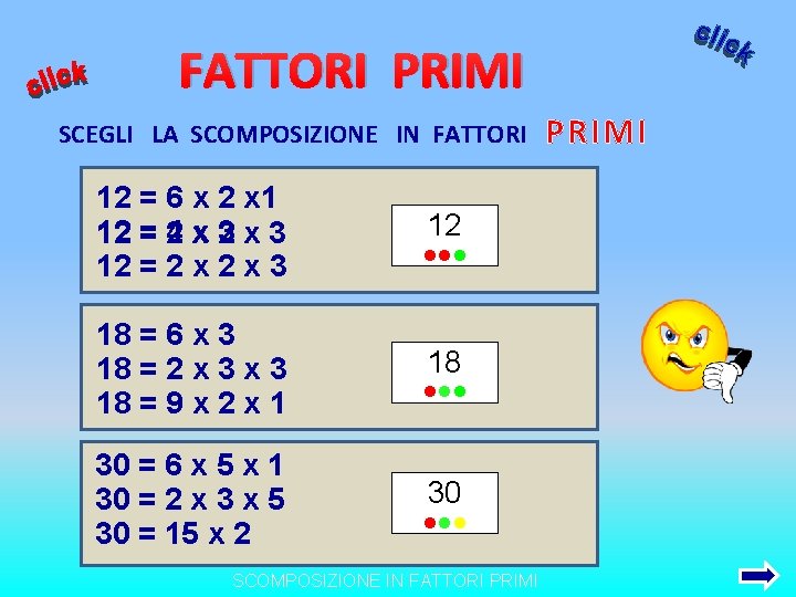 FATTORI PRIMI SCEGLI LA SCOMPOSIZIONE IN FATTORI 12 = 6 x 2 x 1