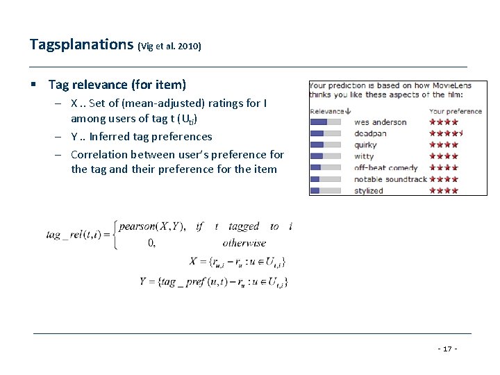 Tagsplanations (Vig et al. 2010) § Tag relevance (for item) – X. . Set