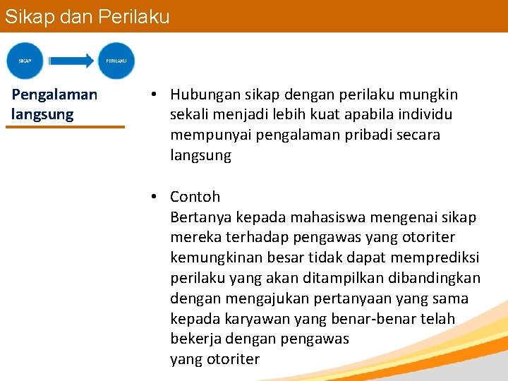 Sikap dan Perilaku Pengalaman langsung • Hubungan sikap dengan perilaku mungkin sekali menjadi lebih