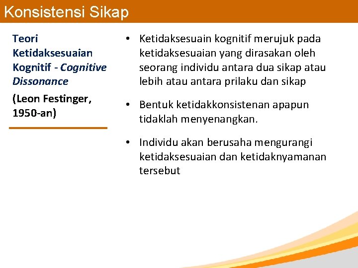 Konsistensi Sikap Teori Ketidaksesuaian Kognitif - Cognitive Dissonance (Leon Festinger, 1950 -an) • Ketidaksesuain