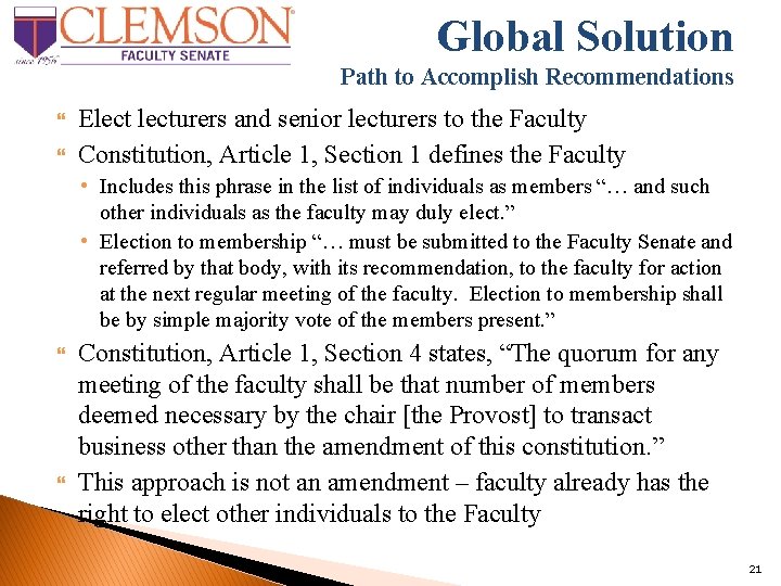 Global Solution Path to Accomplish Recommendations Electurers and senior lecturers to the Faculty Constitution,