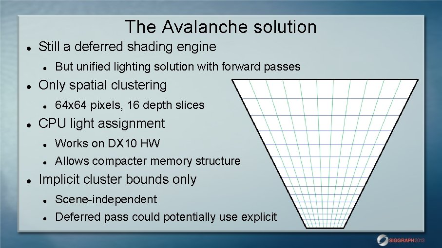 The Avalanche solution Still a deferred shading engine Only spatial clustering But unified lighting