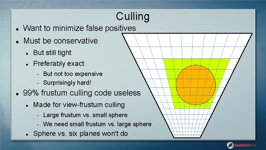 Culling Want to minimize false positives Must be conservative But still tight Preferably exact