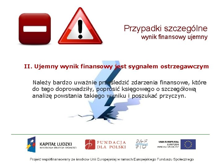 Przypadki szczególne wynik finansowy ujemny II. Ujemny wynik finansowy jest sygnałem ostrzegawczym Należy bardzo