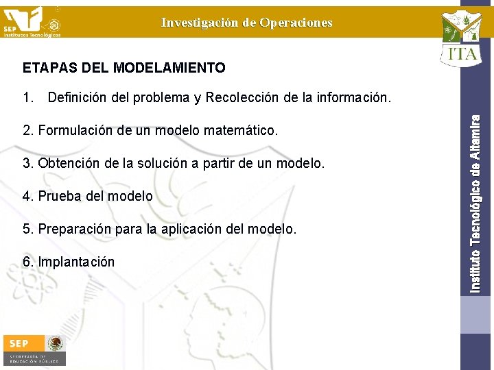 Investigación de Operaciones ETAPAS DEL MODELAMIENTO 2. Formulación de un modelo matemático. 3. Obtención