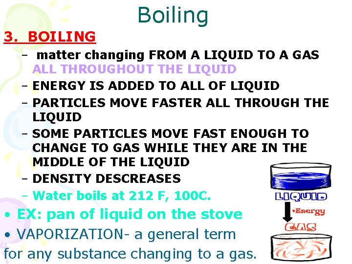 Boiling 3. BOILING – matter changing FROM A LIQUID TO A GAS ALL THROUGHOUT