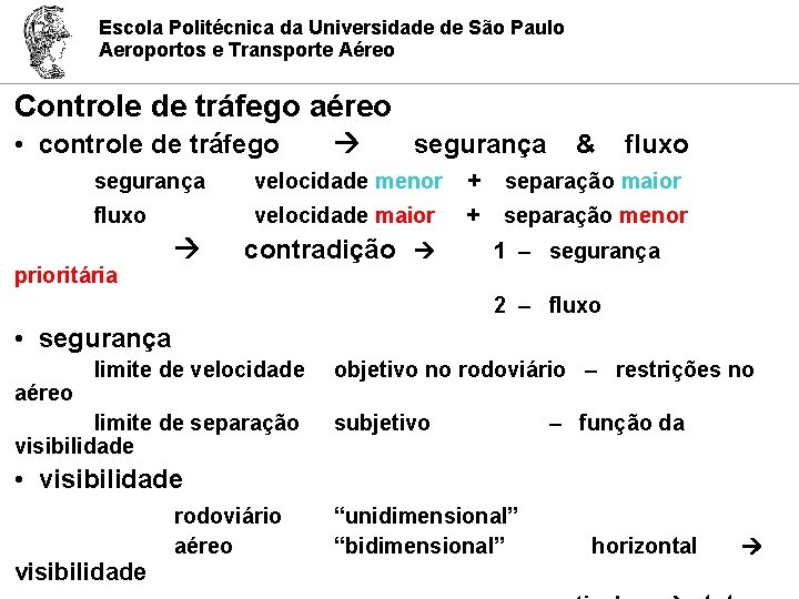 Escola Politécnica da Universidade de São Paulo Aeroportos e Transporte Aéreo Controle de tráfego