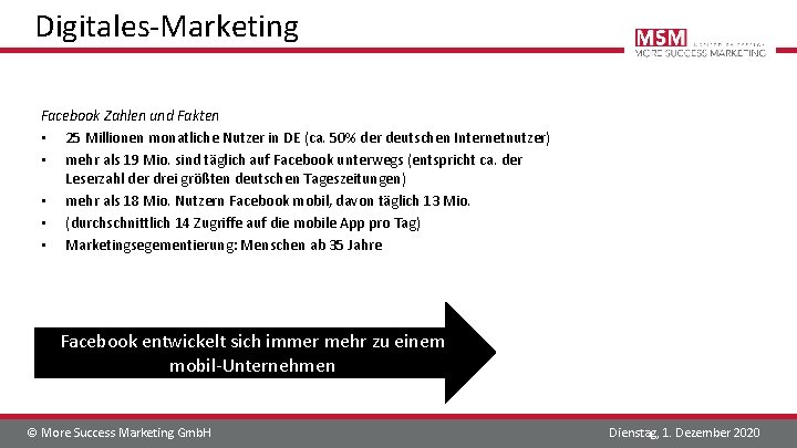 Digitales-Marketing Facebook Zahlen und Fakten • 25 Millionen monatliche Nutzer in DE (ca. 50%