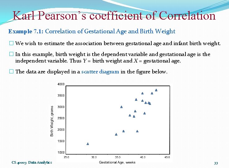 Karl Pearson’s coefficient of Correlation Example 7. 1: Correlation of Gestational Age and Birth