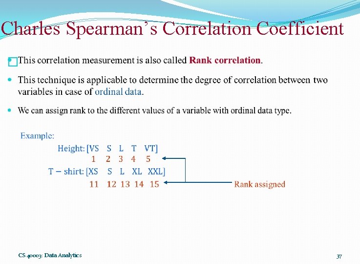 Charles Spearman’s Correlation Coefficient � CS 40003: Data Analytics 37 