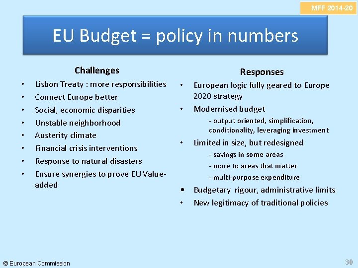 MFF 2014 -20 EU Budget = policy in numbers Challenges • • Lisbon Treaty