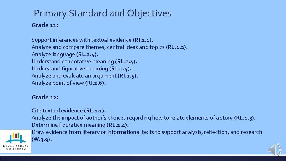 Primary Standard and Objectives Grade 11: Support inferences with textual evidence (RI. 1. 1).